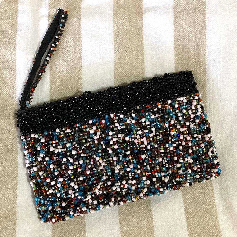 Handmade black and multi-colored beaded wristlet.